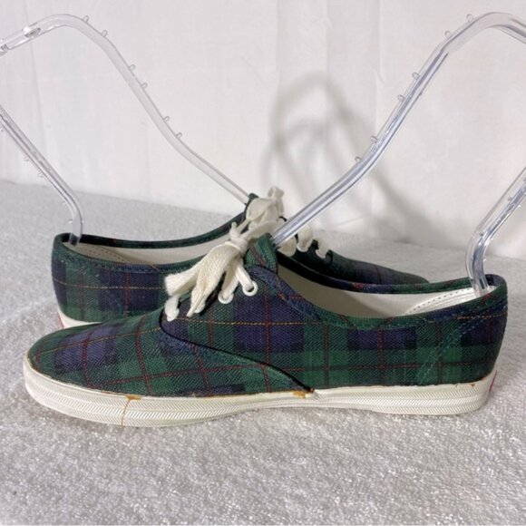 Vintage Hanes Her Way Green Blue Plaid Canvas Lace Up Sneakers 8 - Picture 9 of 11